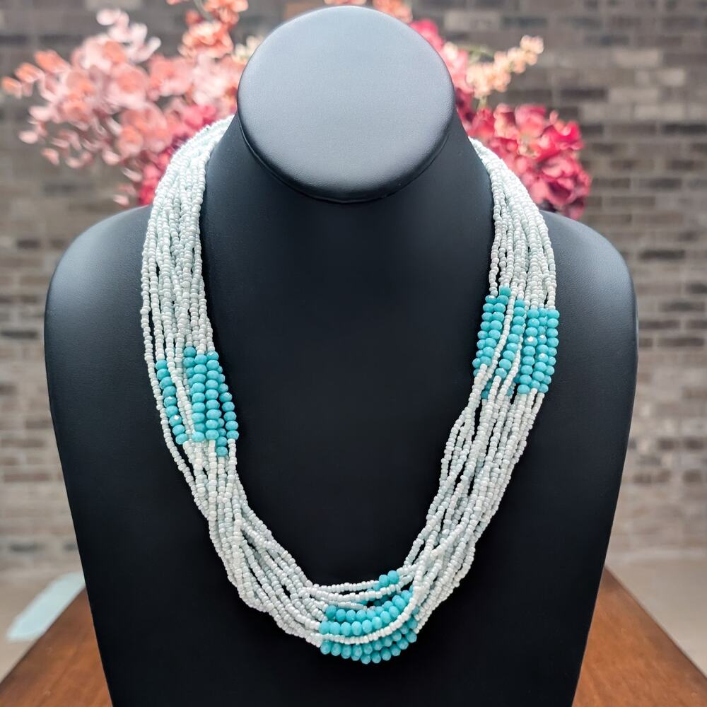 Vintage Necklace Statement Large Chunky Seed Bead Teal Tones